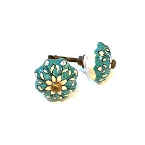 Detailed teal and white drawer knobs